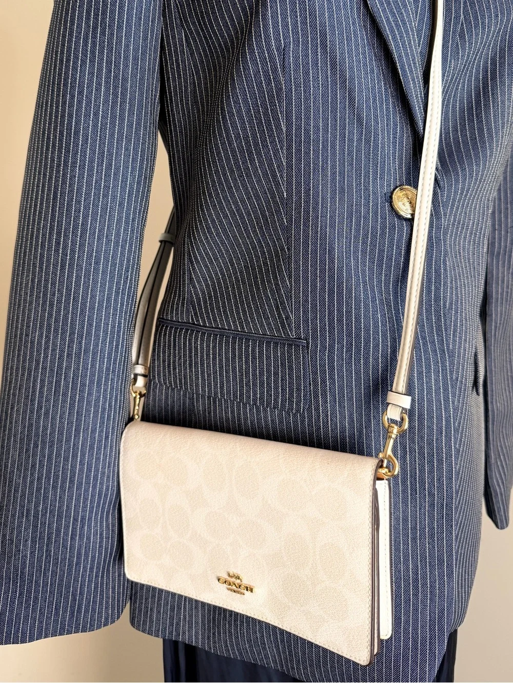 Coach Signature Crossbody Wallet with Gold Hardware Chalk Ivory Removable Strap